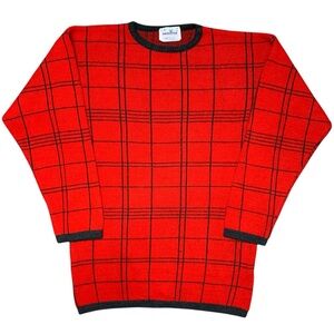 Vintage 90s Red Plaid Knit Crewneck Sweater